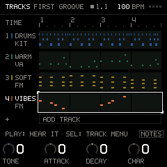 Groove OS powering on into FIRST GROOVE, then turning the page wheel: TRACKS, MIX, KEYS, PERFORM, PROJECT