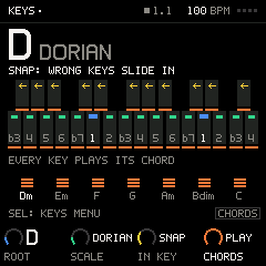 Groove OS KEYS: the root and scale turned to D dorian, CHORDS PLAY switched on and played, then the chords editor