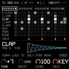 Groove OS KIT: a pad picked on a black key, its steps on the white keys, one hit locked higher
