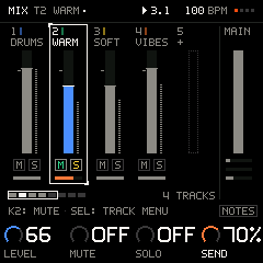 Groove OS MIX: a strip per track, a level and an FX send turned, then the FX chain on MAIN: reverb and delay