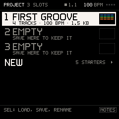 Groove OS PROJECT: FIRST GROOVE saved into slot 1 with a thumbnail of its lanes, then the PUNCH starter started