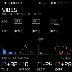 Groove OS SOUND: an FM voice drawn as its algorithm, its macros turned, the preset browser, then a VA voice and its filter
