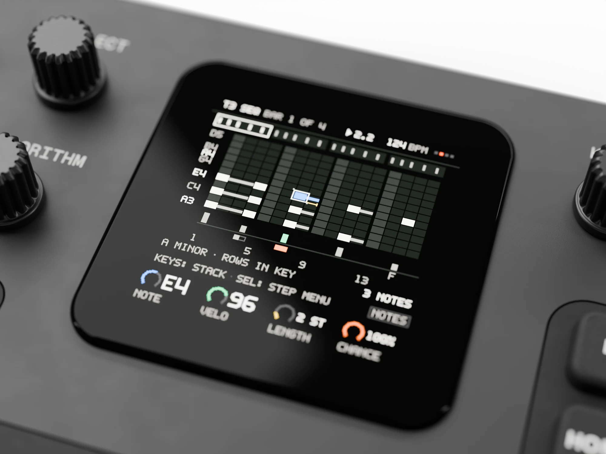 Close up of the FM-1 screen: SEQ, three-note stacks written from the keys, a p-lock on one step, then DICE