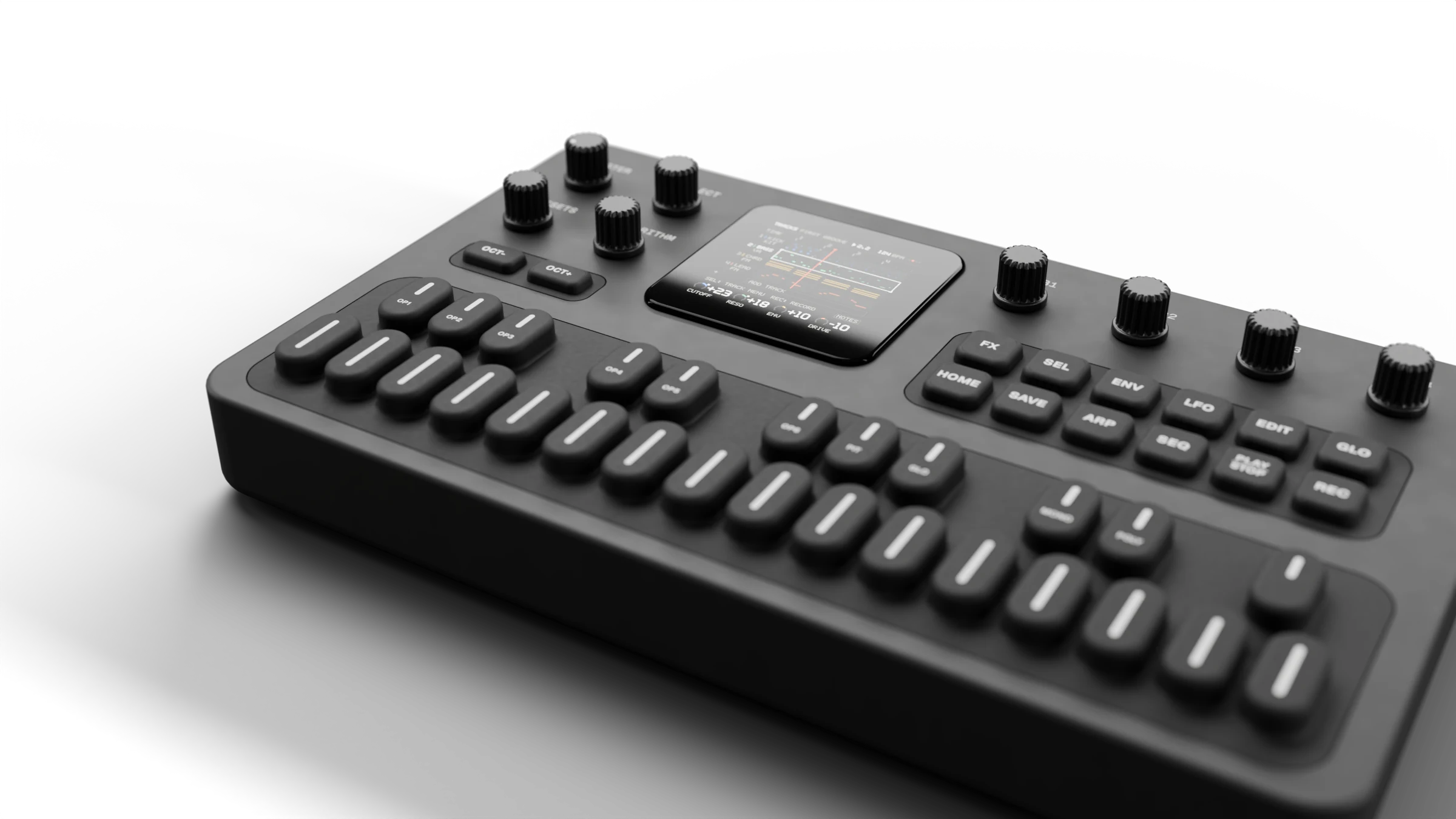 The FM-1 up close, running Groove OS: the boot screen writes the mark, FIRST GROOVE plays, SELECT turns through the pages