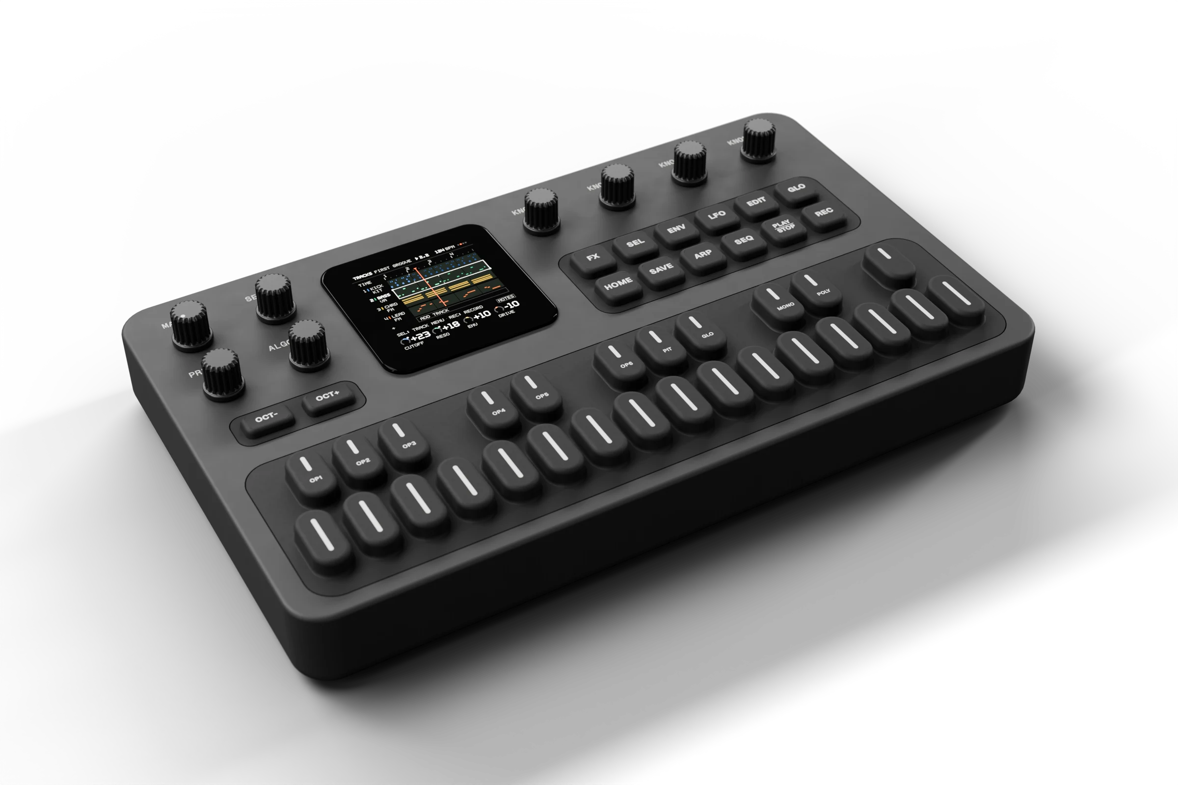 The M-VAVE FM-1 from a three-quarter view, running Groove OS: FIRST GROOVE playing on TRACKS while the macros turn